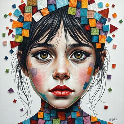 The primary subject of the image is a woman's face, which is the main focus of the image. The setting is a collage of different colored squares, creating a visually interesting and artistic background. The visual style is a combination of digital art and illustration, with the woman's face being drawn and the colored squares creating a unique pattern. The colors and mood of the image are vibrant and lively, with the woman's face being the central point of the composition.